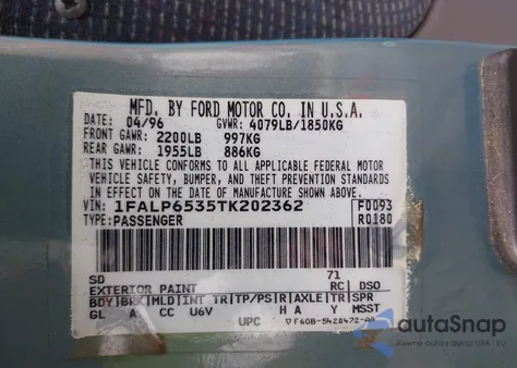 1996 Ford Contour Gl/Sport z USA, uszkodzony, nr VIN 1FALP6535TK202362